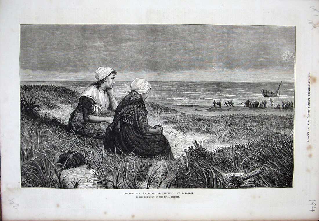 Old Antique Print 1874 Ship Wreck Tempest Storm Sea Women Bource Fine Art 19th