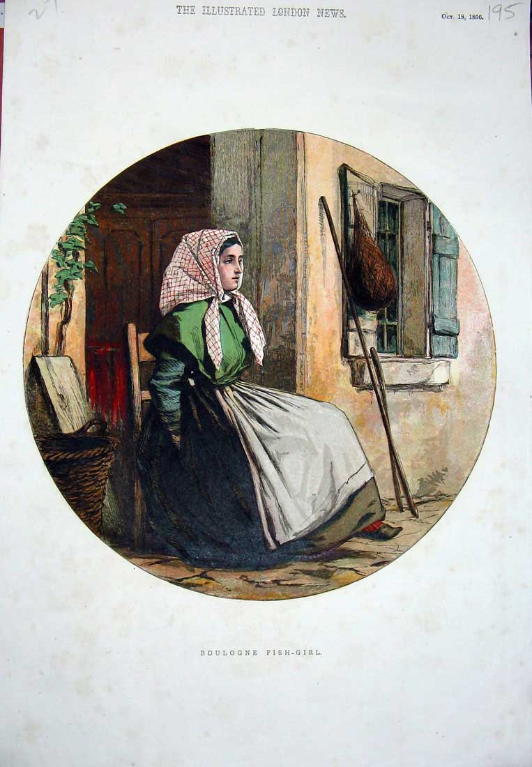 Original Old Antique Print 1856 Colour Boulogne Fish Girl France Chair House