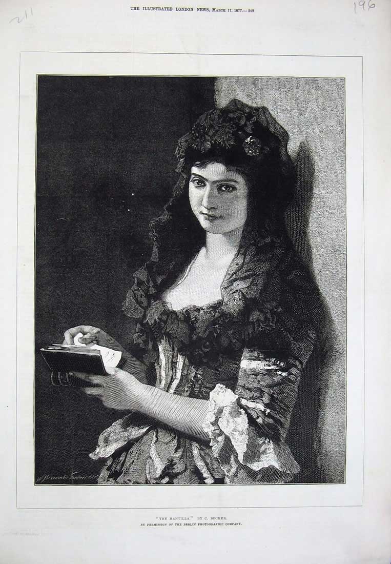 Original Old Antique Print 1877 Fine Art Portrait Mantilla Lady Woman Becker
