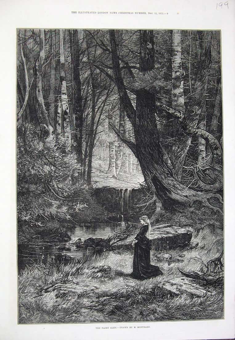 Original Old Antique Print 1875 Fairy Glen Lady Woman Stream Trees Montbard Art