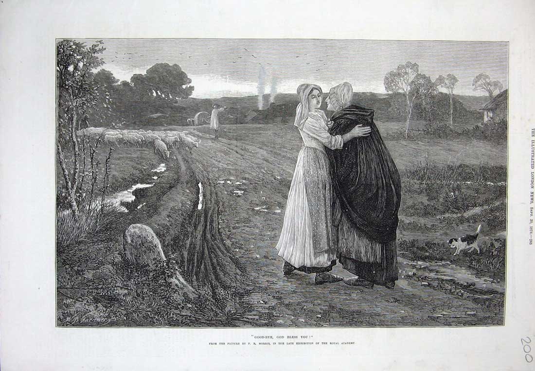 Original Old Antique Print 1873 Country Sheep Cat Ladies People Trees Morris