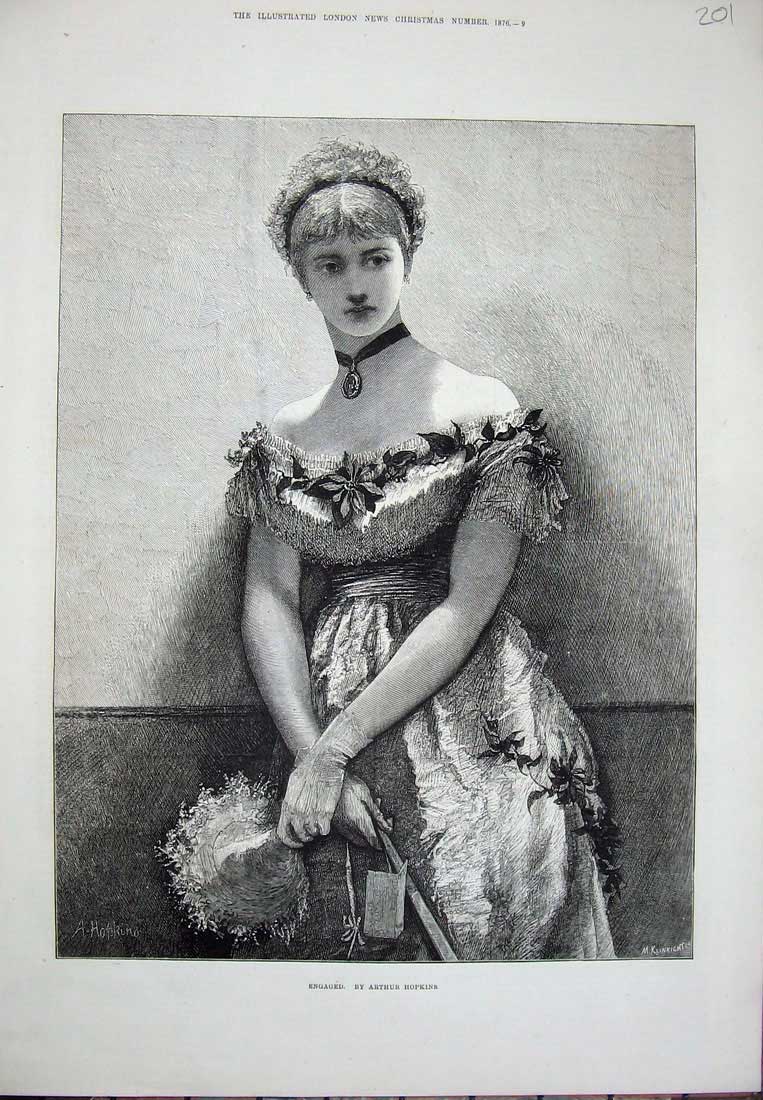 Original Old Antique Print 1876 Arthur Hopkins Fine Art Beautiful Lady Flowers