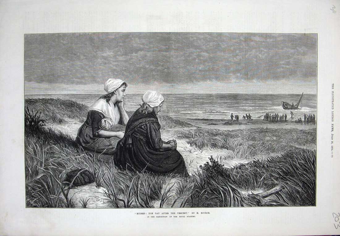 Original Old Antique Print 1874 Ship Wreck Tempest Storm Sea Women Shore Bource