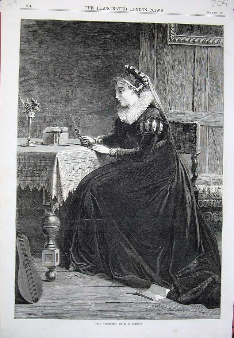 Original Old Antique Print Roberts Fine Art 1870 Treasures Lady Woman Flowers