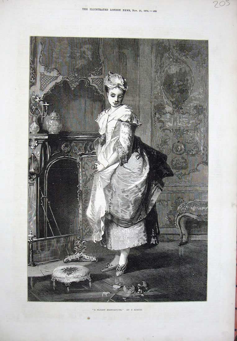 Original Old Antique Print 1874 Korle Fine Art Lady Woman Broken Ornament House