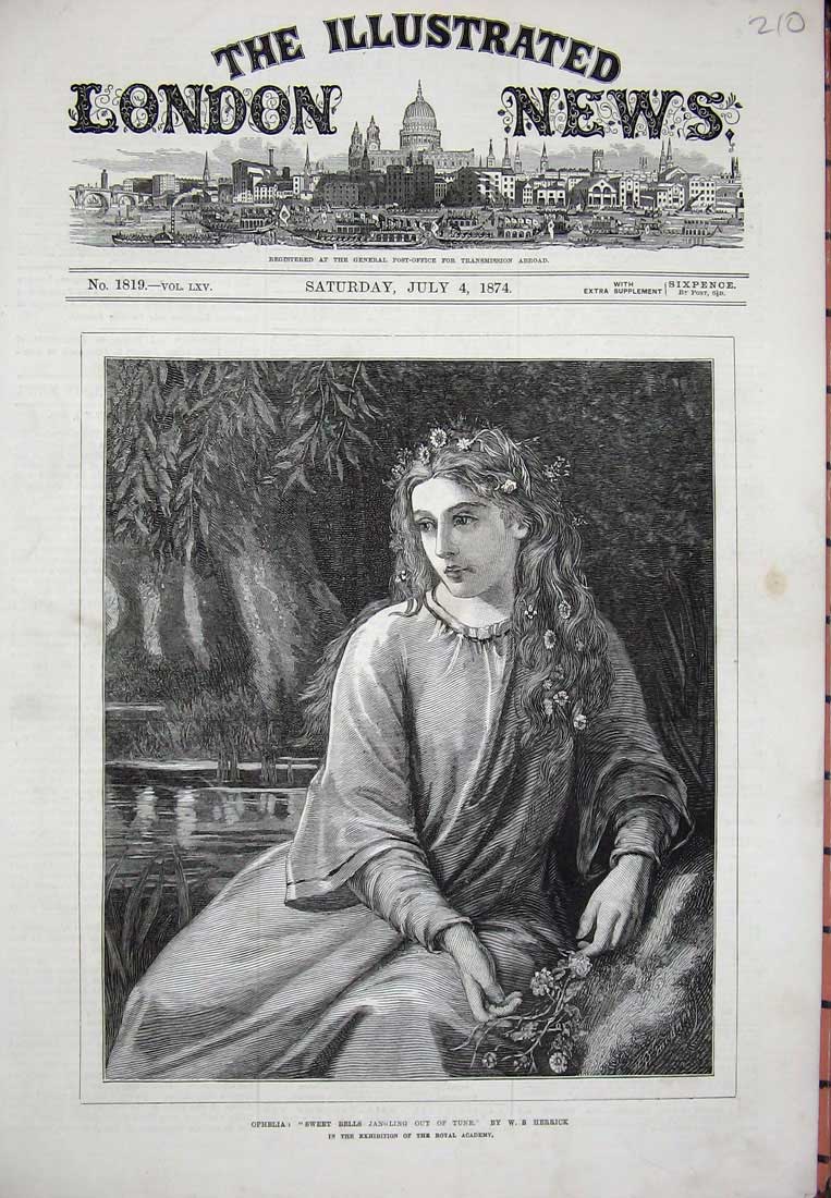 Old Antique Print 1874 Ophelia Sweet Bells Jangling Out Tune Theatre Art 19th