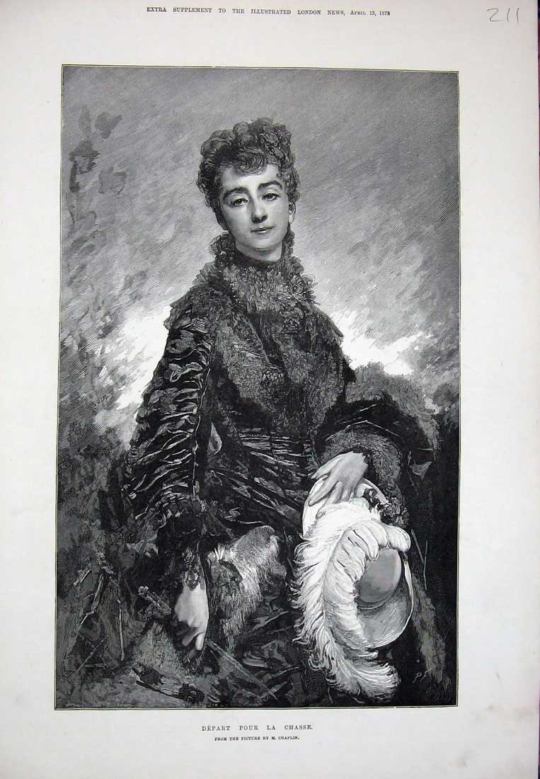 Original Old Antique Print 1878 Fine Art Portrait Depart Chasse Beautiful Woman