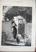 Original Old Antique Print Holyoake Fine Art 1871 House Ladies Dog Step Hedges