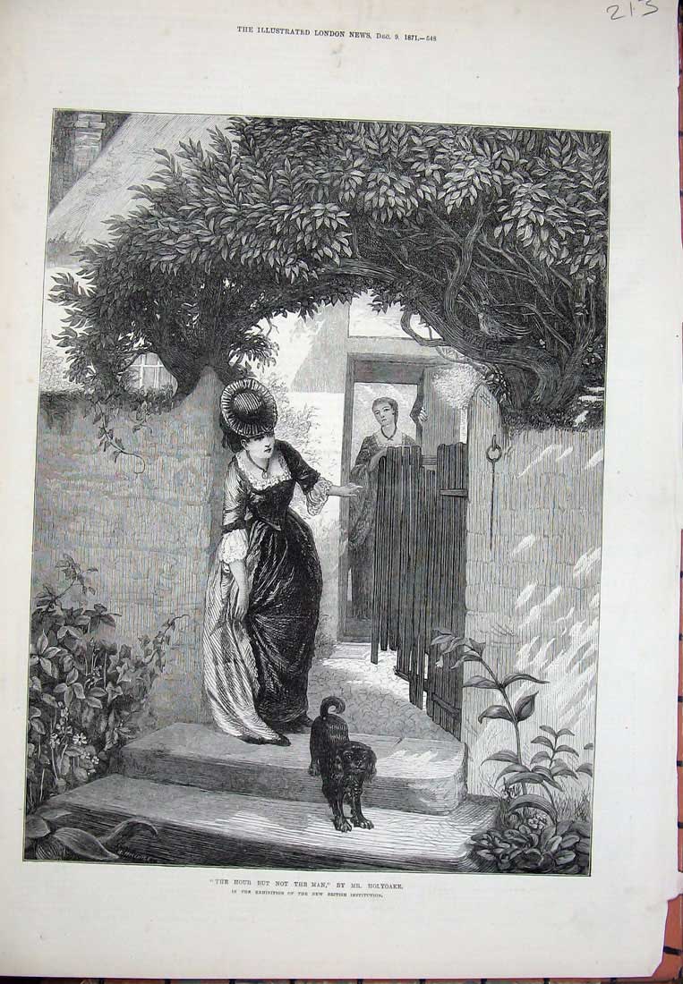 Original Old Antique Print Holyoake Fine Art 1871 House Ladies Dog Step Hedges