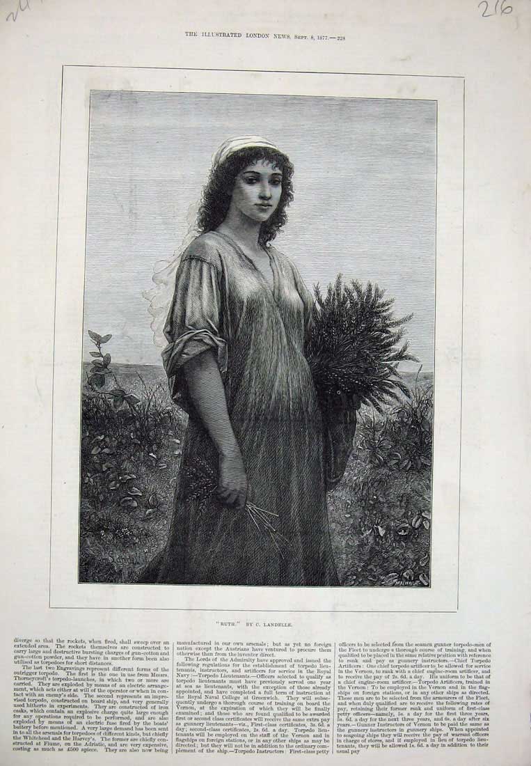Old Antique Print 1877 Landelle Fine Art Ruth Young Girl Country Farming 19th