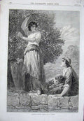 Original Old Antique Print 1870 Woman Children Gathering Mulberry Leaves Topham