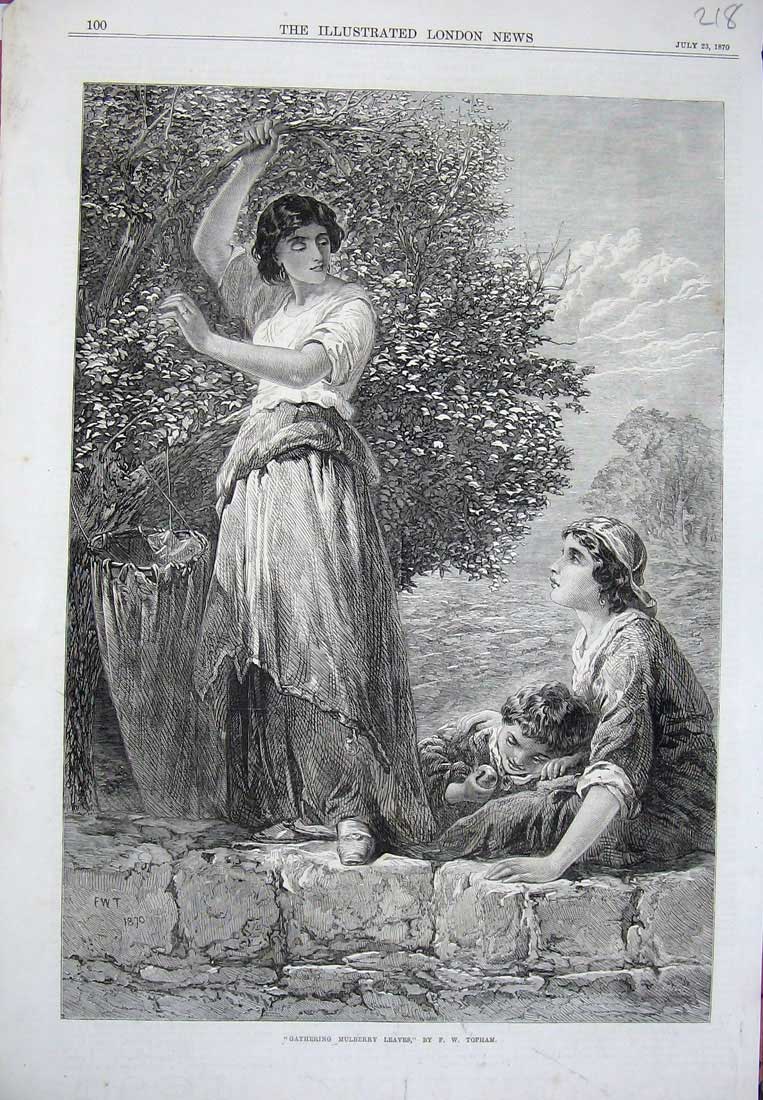 Original Old Antique Print 1870 Woman Children Gathering Mulberry Leaves Topham