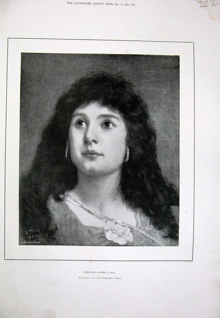 Original Old Antique Print 1894 Fine Art Portrait Herodias Beautiful Woman Lady