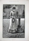 Original Old Antique Print 1885 Rainey Fine Art Young Woman Churchyard Wreath