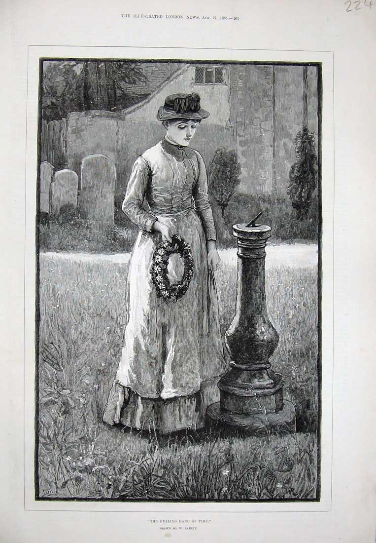 Original Old Antique Print 1885 Rainey Fine Art Young Woman Churchyard Wreath