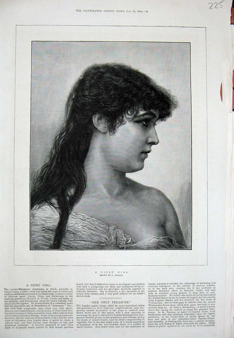 Antique Old Print *0303 1884 Jenisek Fine Art Portrait Beautiful Gipsy Girl