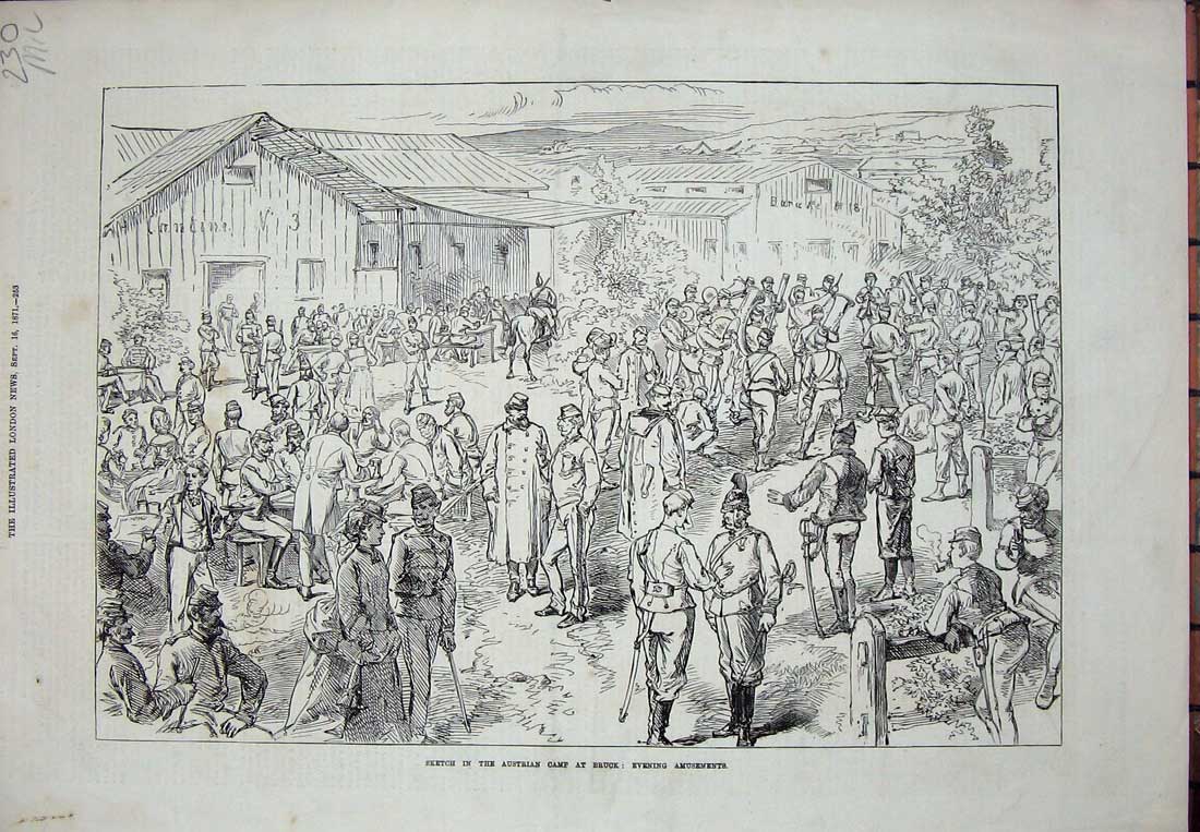Original Old Antique Print 1871 Austrian Camp Bruck Siers War Amusements Army