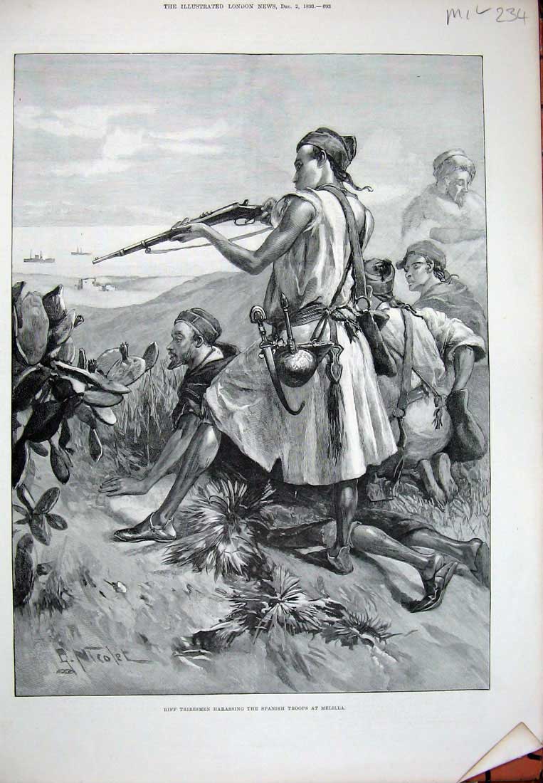 Original Old Antique Print 1893 Riff Tribesmen Spanish Troops Melilla Siers War