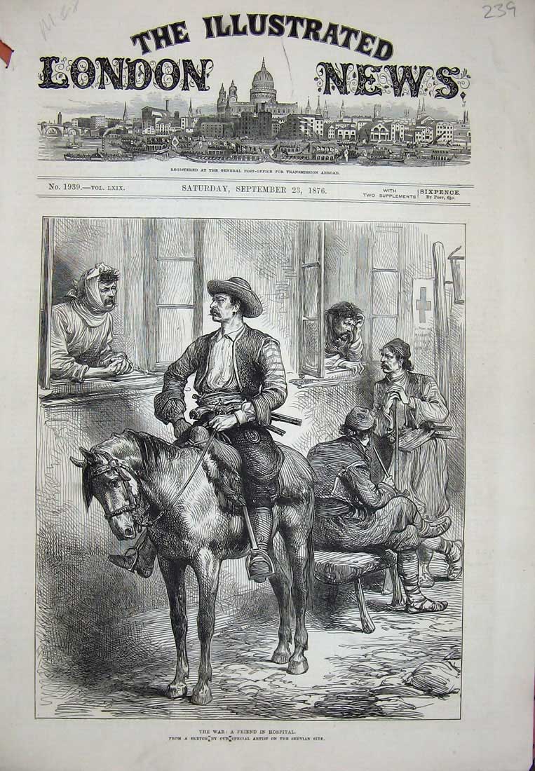 Original Old Antique Print 1876 War Hospital Patients Injured Man Horse Siers