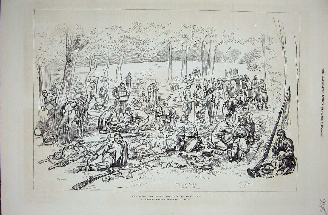 Original Old Antique Print War 1876 Field Hospital Greovatz Siers Injured Men