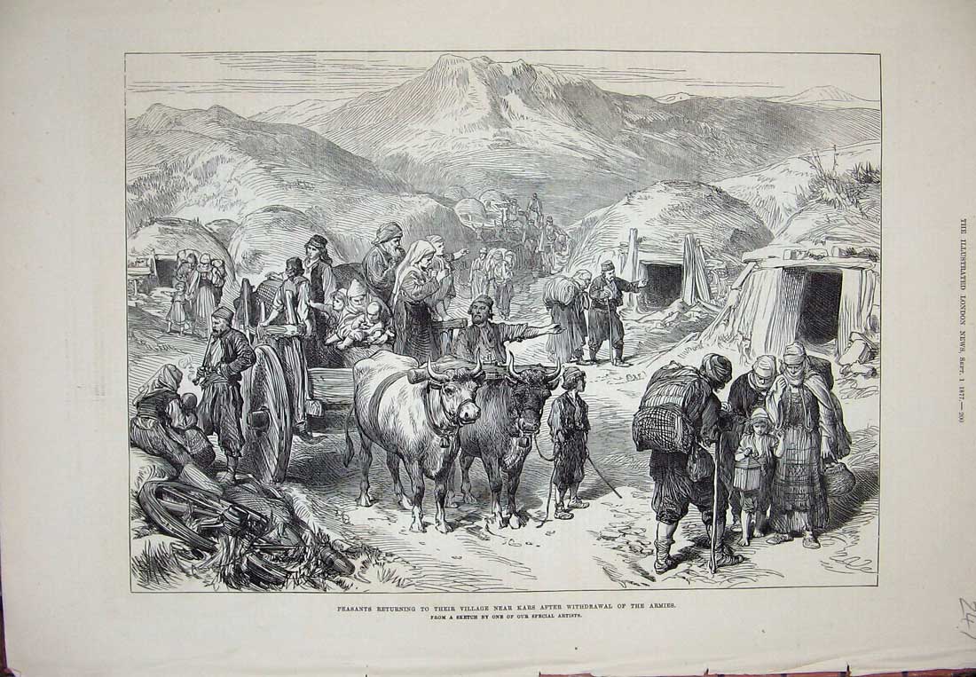 Old Antique Print 1877 Peasants Village Kars Cattle Cart Huts Mountains 19th