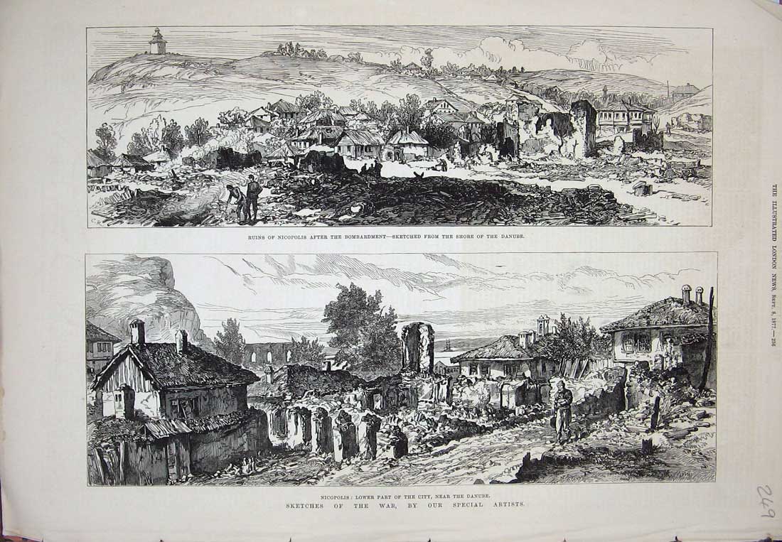 Old Antique Print 1877 War Ruins Buildings Nicopolis Bombardement Danube 19th
