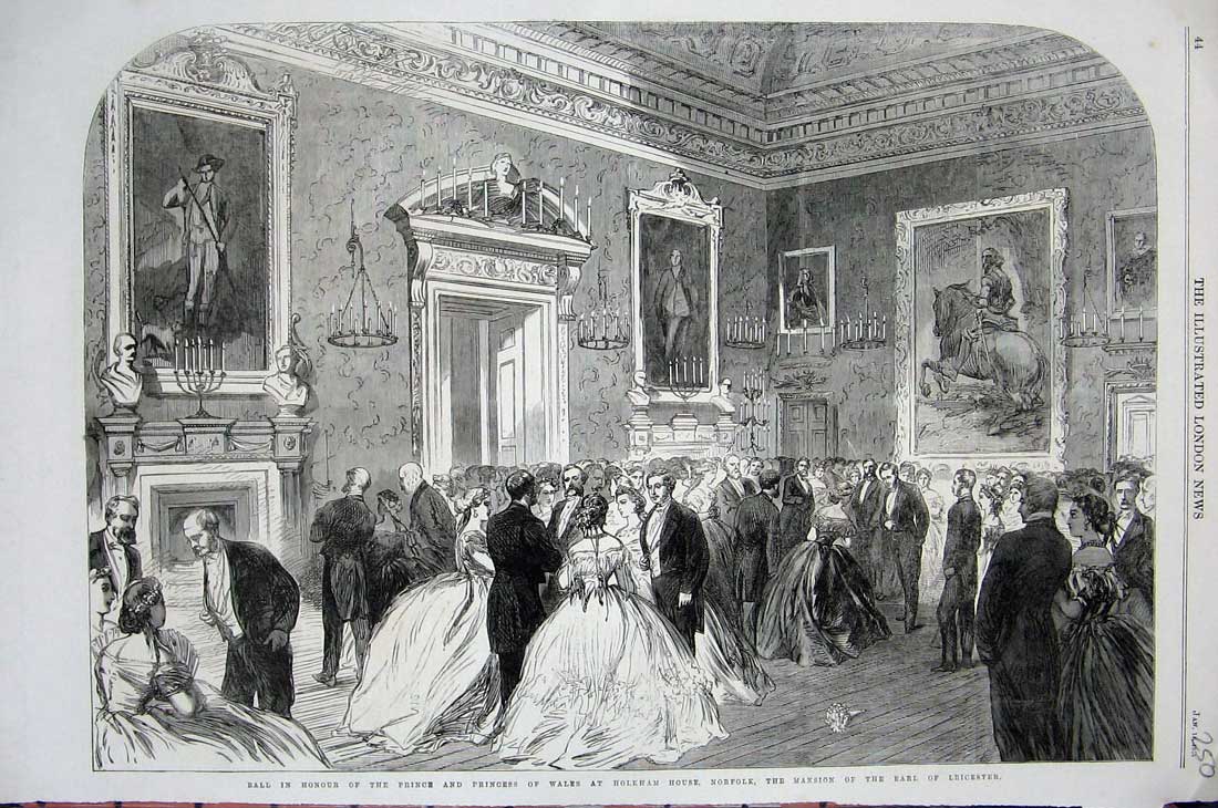 Old Antique Print 1865 Ball Prince Wales Holkham Norfolk Earl Leicester 19th