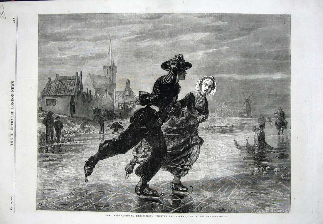 Original Old Antique Print International Exhibition 1862 Ice Skating Zealand