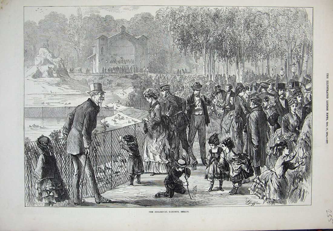 Old Antique Print 1874 Zoological Gardens Berlin Germany Animals People 19th