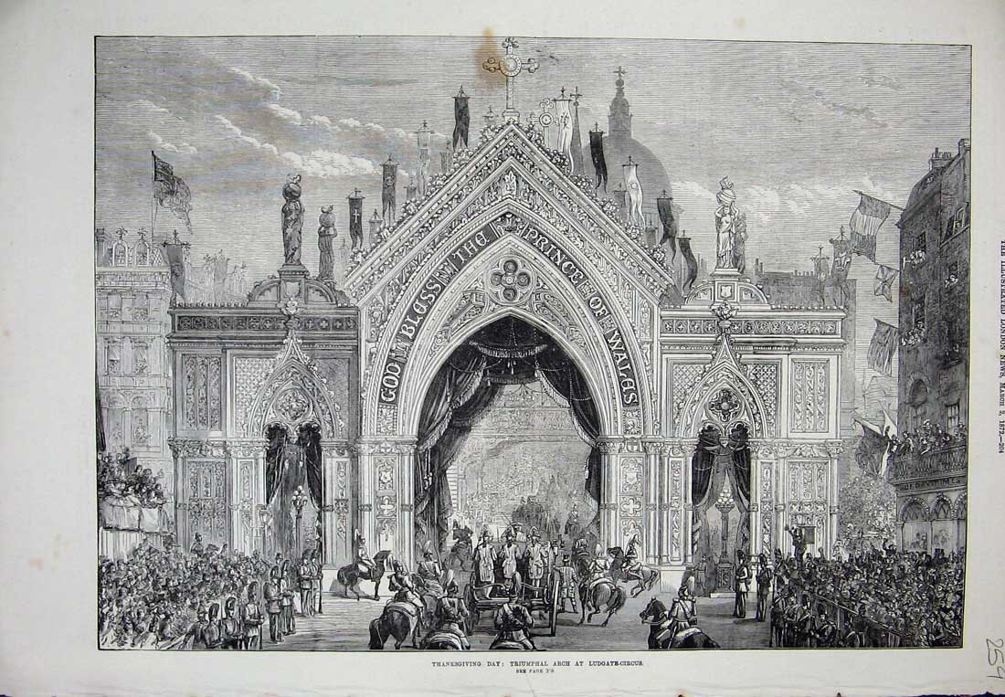 Original Old Antique Print 1872 Thanksgiving Day Triumphal Arch Ludgate Circus