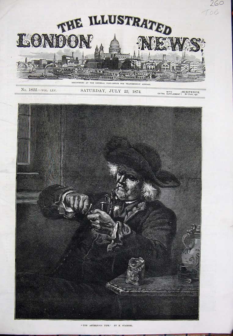 Original Old Antique Print 1874 Stammel Fine Art Man Smoking Pipe Tobacco 19th
