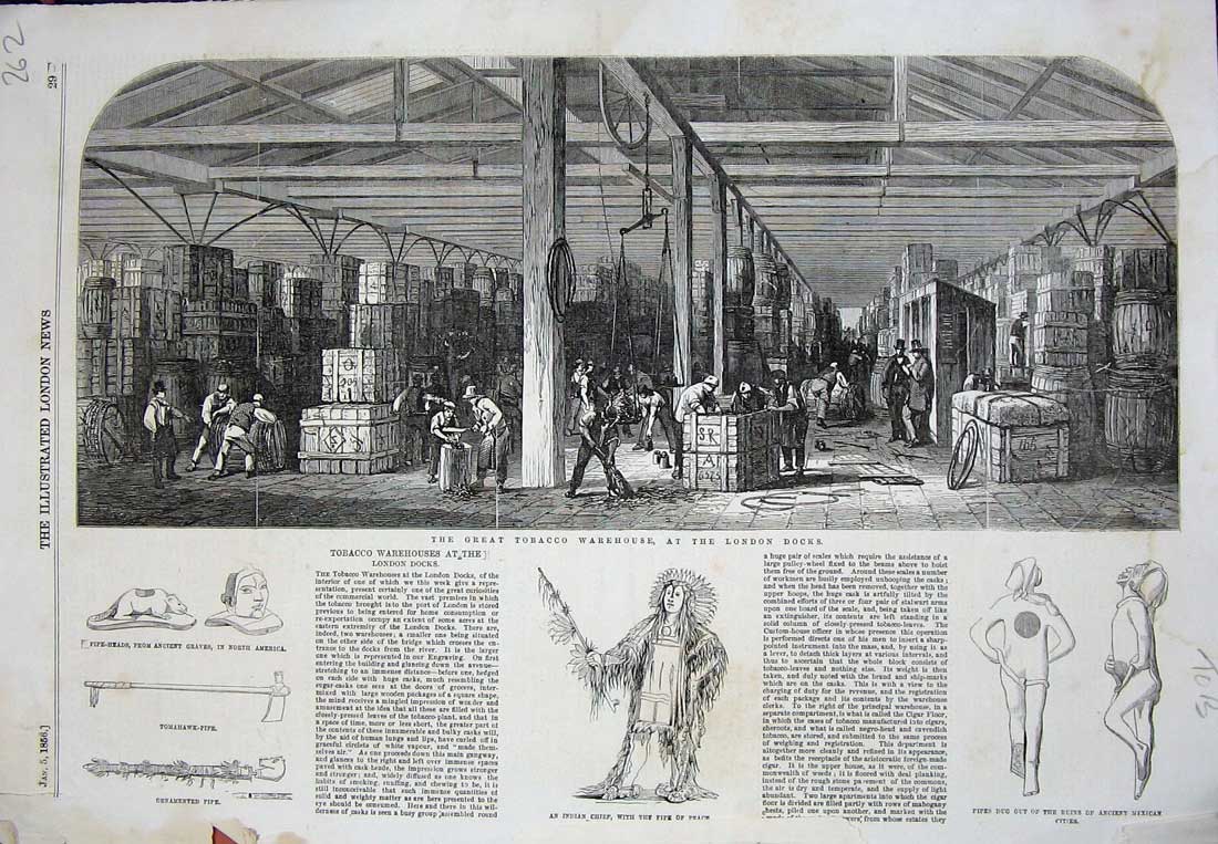 Old Antique Print 1856 Great Tobacco Warehouse London Docks Indian Chief 19th