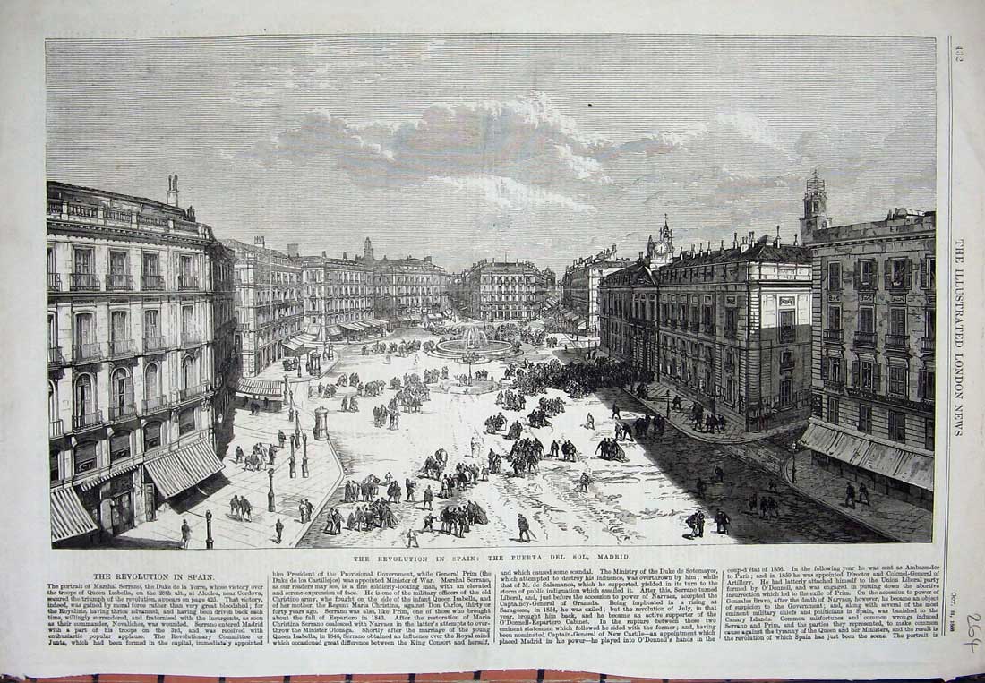 Original Old Antique Print Revolution Spain 1868 Puerta Del Sol Madrid Street
