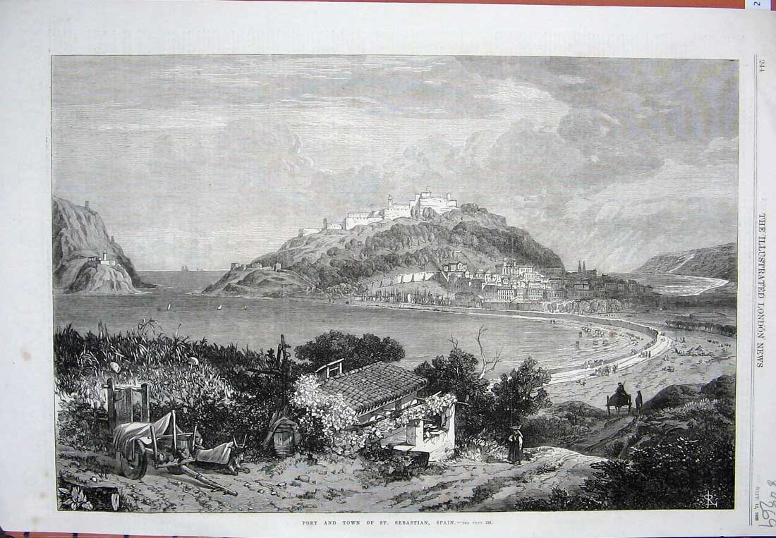 Old Antique Print 1868 Vew Port Town St Sebastian Spain Buildings Beach 19th