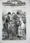 Original Old Antique Print 1880 Princess Wales Flowers Bazaar Kensington School