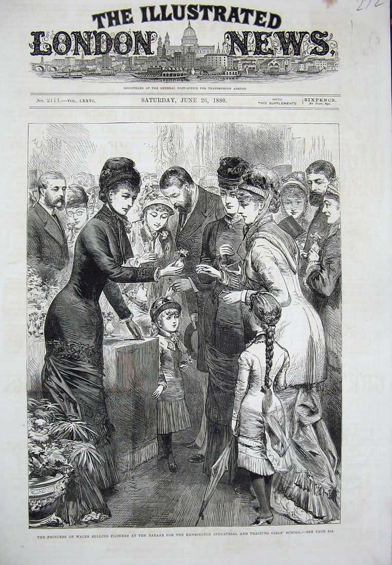 Original Old Antique Print 1880 Princess Wales Flowers Bazaar Kensington School