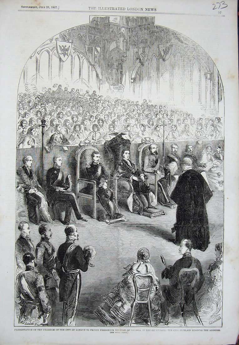 Original Old Antique Print 1857 Freedom London Prince William Prussia Guildhall