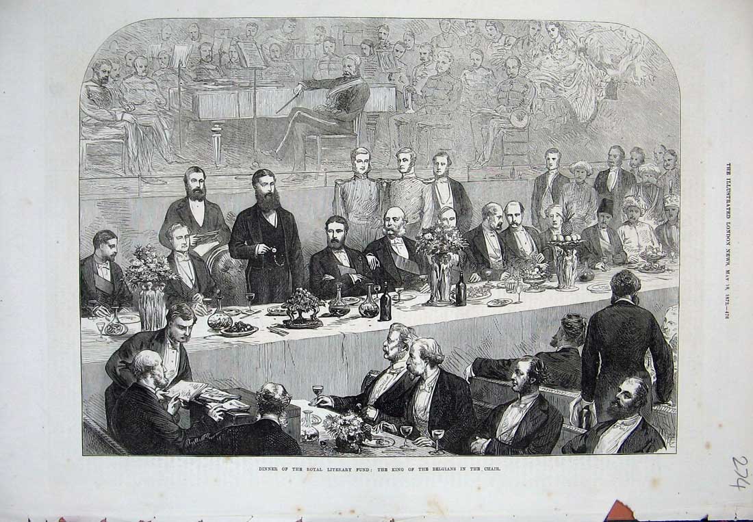 Old Antique Print 1872 Dinner Royal Literary Fund King Belgians Chair Men 19th