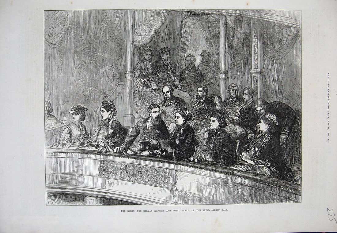 Old Antique Print Queen German Empress Royal Party Albert Hall Box 1872 19th