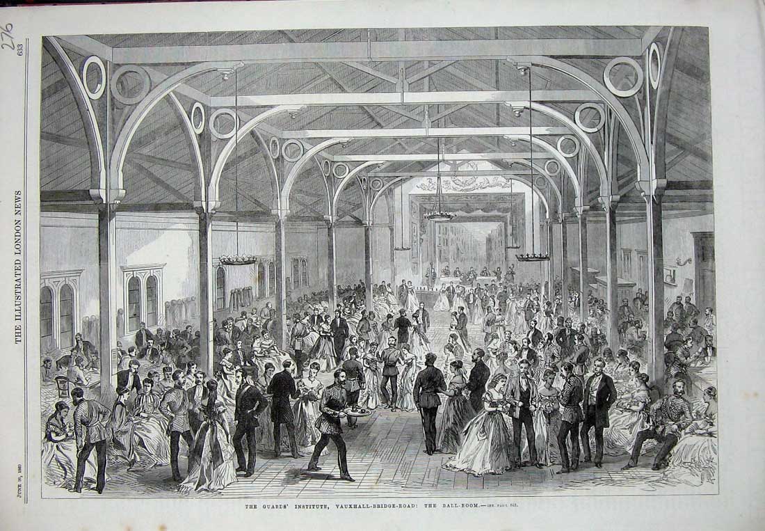 Original Old Antique Print 1869 Guards Institute Vauxhall Bridge Road Ball Room