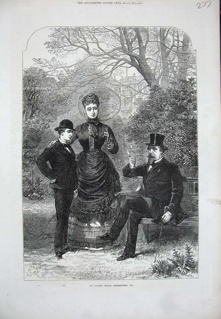 Old Antique Print 1871 Camden Place Chiselhurst Lady Parasol Men Tree Art 19th