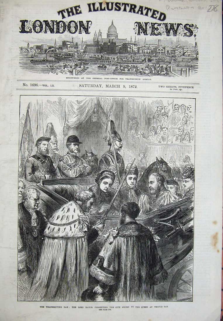 Original Old Antique Print Thanksgiving Lord Mayor City Sword Queen Temple 1872