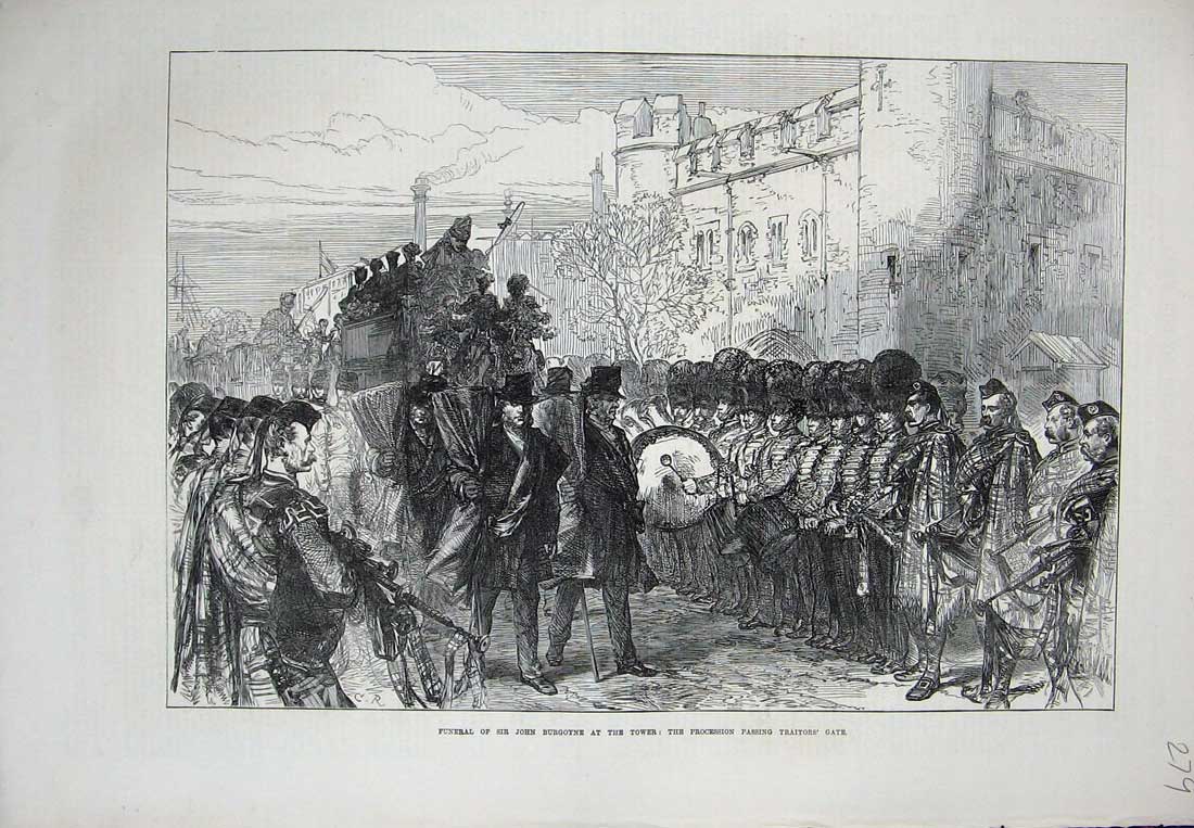 Original Old Antique Print 1871 Funeral Sir John Burgoyne Tower Traitors Gate