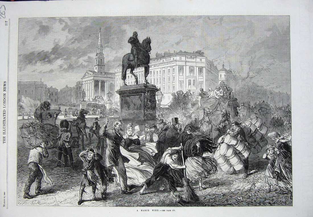 Original Old Antique Print 1865 March Statue Buildings Wind People Storm 19th