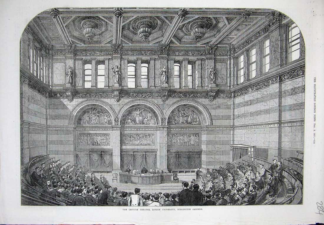 Original Old Antique Print Lecture Theatre London University Burlington 1871