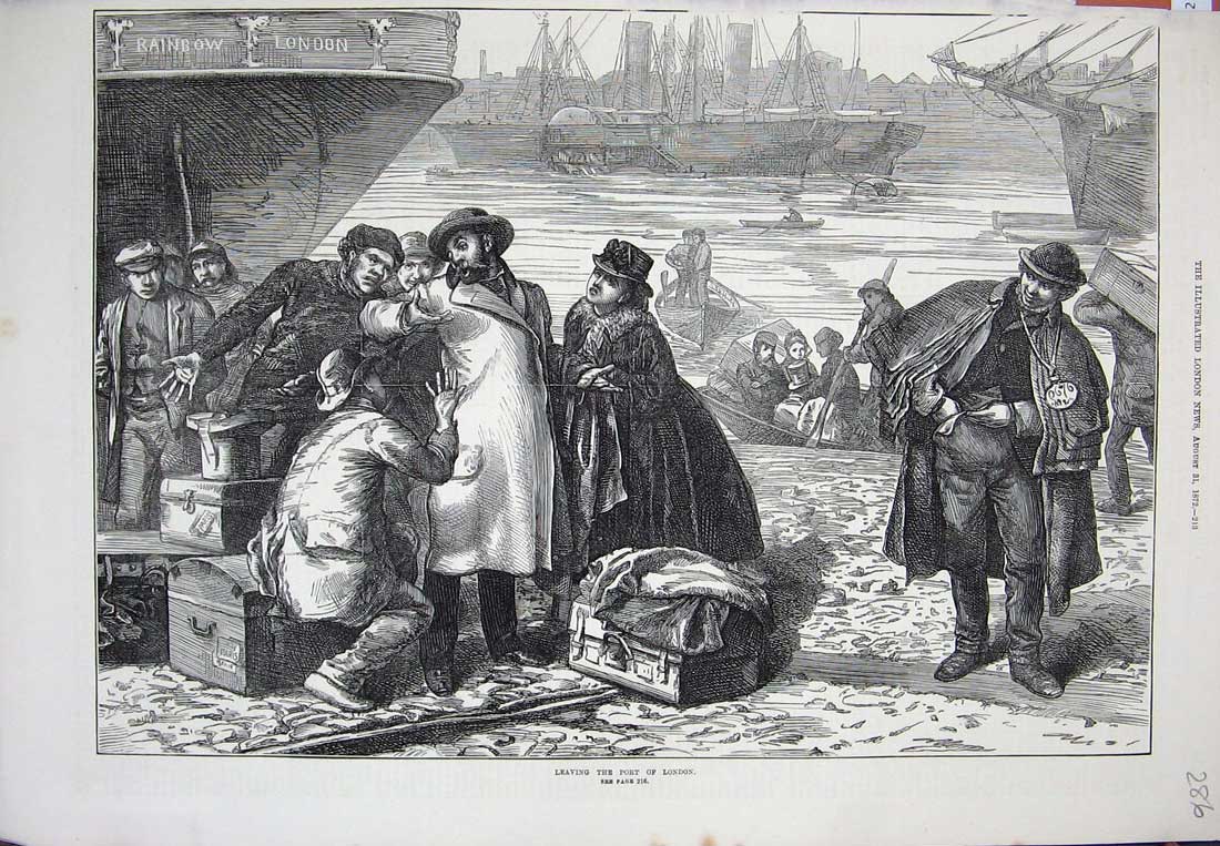 Original Old Antique Print 1872 Ships Port London Rainbow Transport People 19th