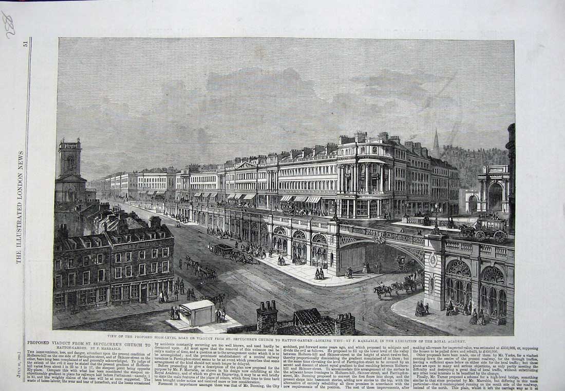 Original Old Antique Print 1861 Viaduct Sepulchre'S Church Hatton Garden London