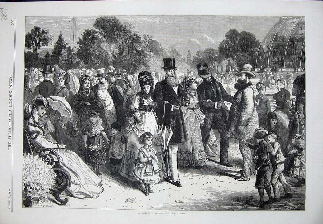 Original Old Antique Print 1870 Summer Afternoon Kew Gardens London Victorian