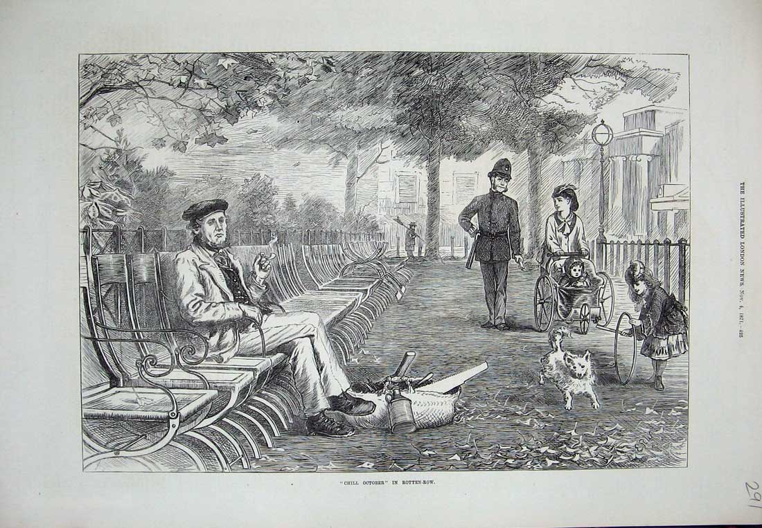Original Old Antique Print 1871 Rotten Row London Policeman Woman Children Dog
