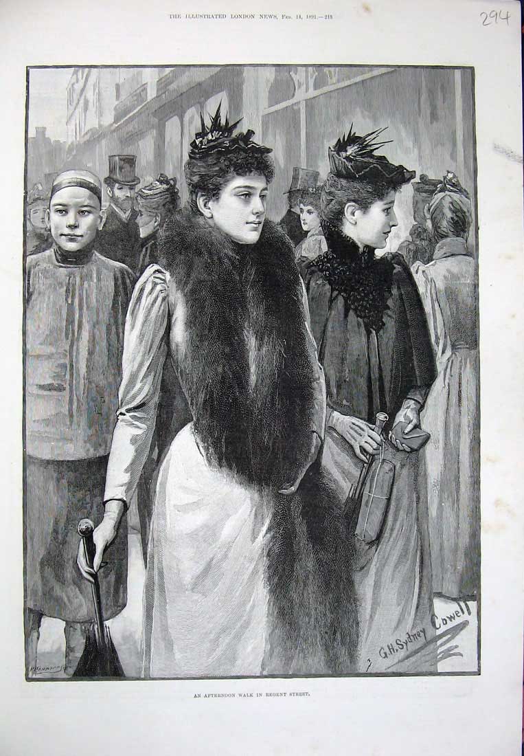 Original Old Antique Print 1891 Afternoon Regent Street London Ladies Fashion